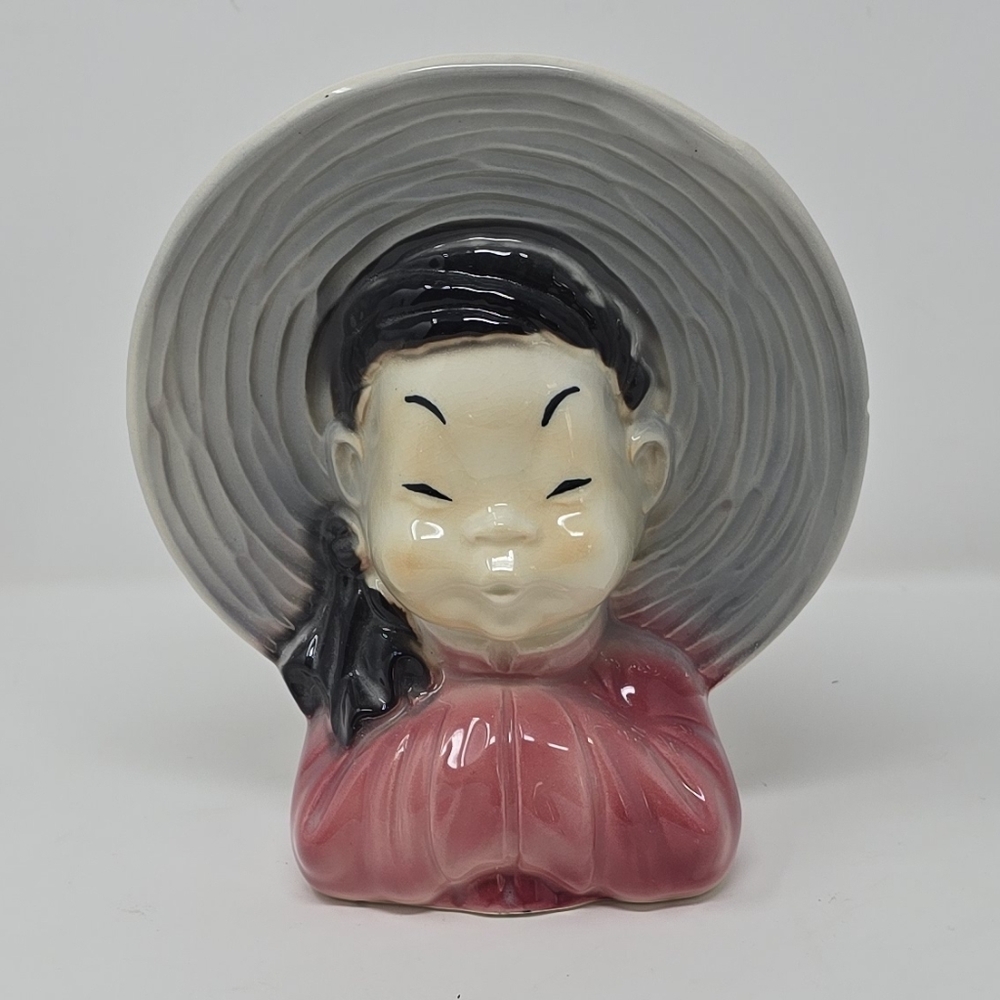 Vtg Royal Copley 1930's asian‎ girl head vase wall pocket ceramic home decor